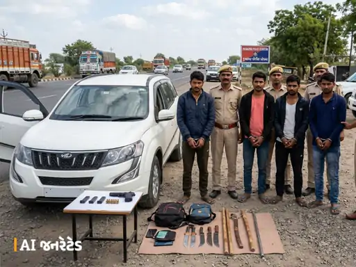 જૂનાગઢમાં લૂંટને અંજામ એ પહેલા 5 શખસ રાજકોટથી ઝડપાયા:કુવાડવા પાસેથી કારમાંથી પિસ્તોલ, છરી, ધોકા, સ્ટીક સાથે UP-બિહારના શખસોને પોલીસે દબોચ્યા